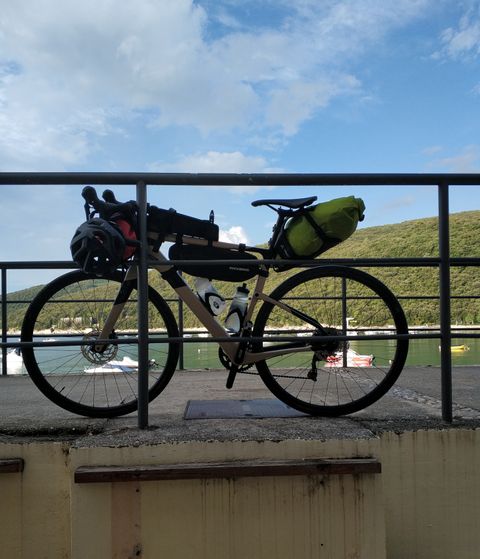Photo of my Cannondale Topstone fully loaded with bike-packing bags