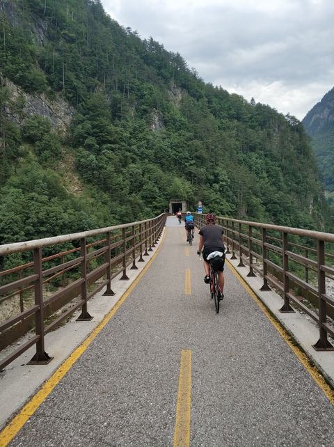 Photo of the group riding on a former rail-road bridge
