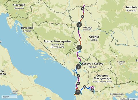 Map of south-eastern europe showing my route. Starting from southern hungary it leads through Serbia, Montenegro, Albania and ends in North Macedonia.