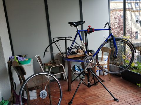 Photo of the partially disassembled bike