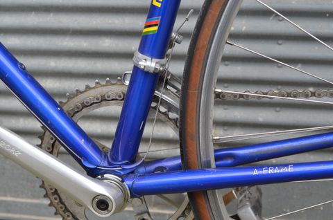 Detail photo of the bottom bracket and shifter cable guides